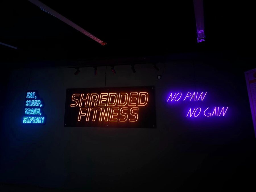 Neon signs reading Shredded Fitness and No Pain No Gain